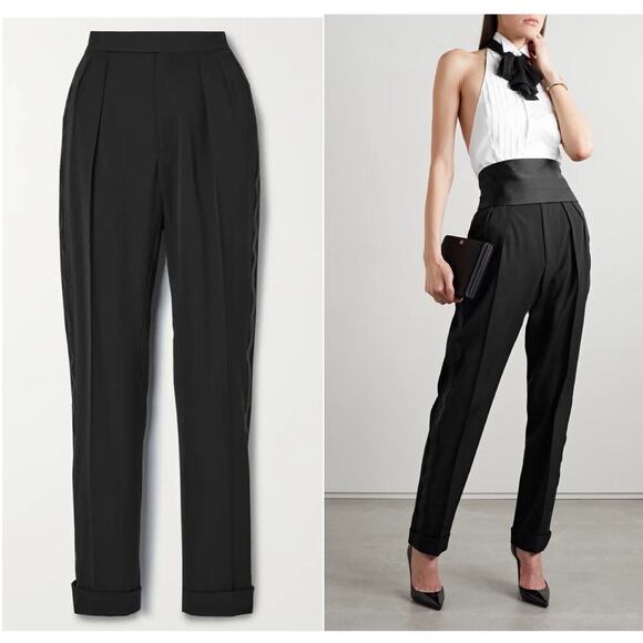 Ralph Lauren Collection Purple Label Pants 0 Wool Cashmere Black Pleated Tapered - Picture 1 of 11